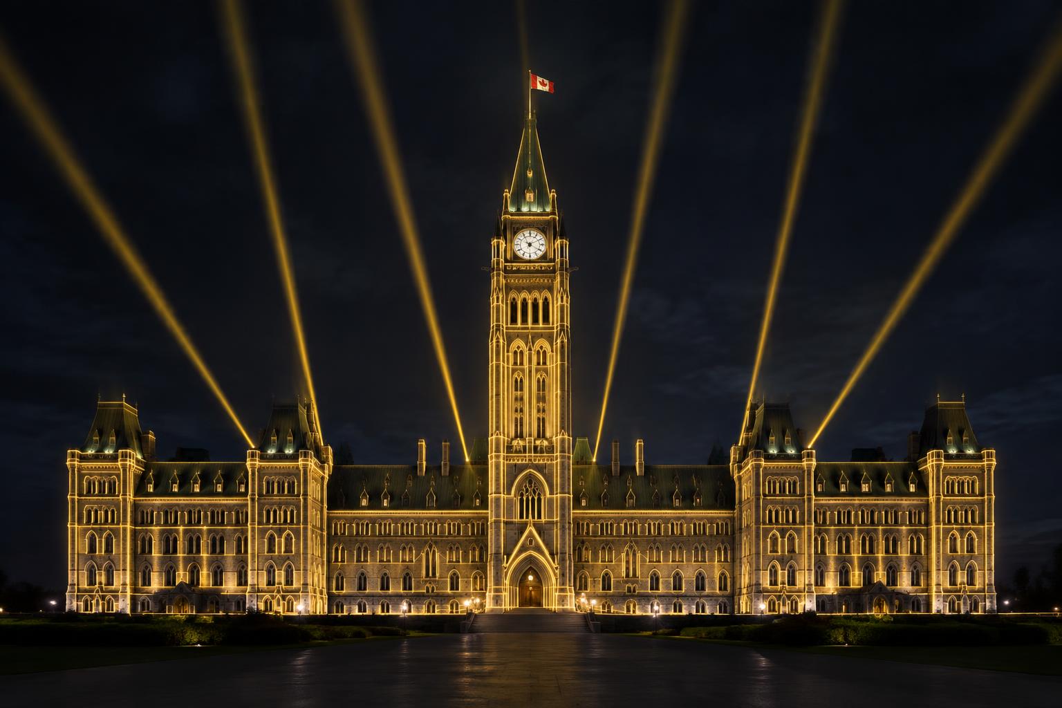 Concept visualization of golden facade laser mapping and sky beams at a Canadian landmark